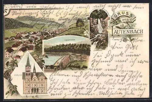 Lithographie Lautenbach, Kirche, Lauchenfall, Talsperre