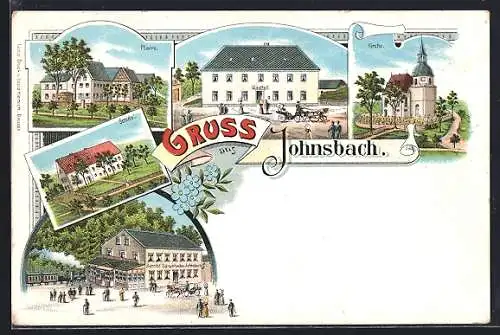 Lithographie Johnsbach, Gasthof, Schule, Pfarre, Kirche