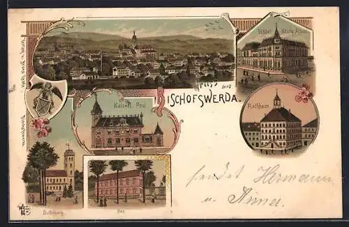 Lithographie Bischofswerda, Kaiserl. Post, Bad, Hotel König Albert, Wappen