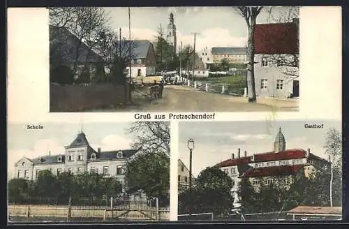 AK Pretzschendorf, Gasthof, Schule, Strassenpartie mit Kirchturm