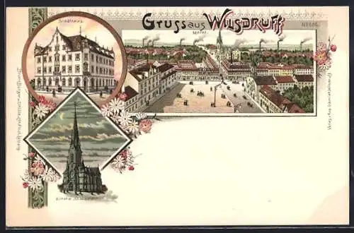 Lithographie Wilsdruff, Stadthaus, Kirche St. Nicolai bei Nacht, Markt