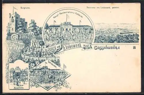 Lithographie Cossebaude, Burgruine Liebeneck und Restaurant, Mooshütte