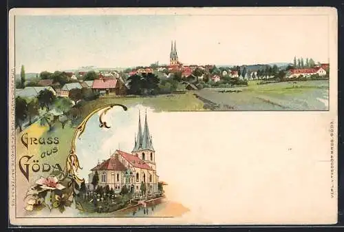 Lithographie Göda, Kirche mit Friedhof, Gesamtansicht