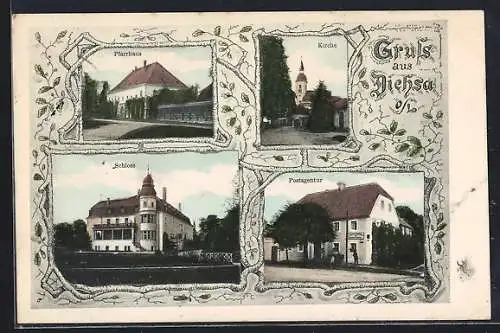 AK Diehsa /O.-L., Postagentur, Kirche, Pfarrhaus