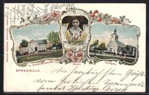 AK Alt Zauche /Spreewald, H. Broddacks Gasthaus, Kirchgang, Wendin in Tracht