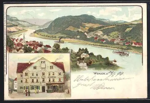 Lithographie Wehlen / Elbe, Röhringers Hotel Sächsische Schweiz, Ortsansicht mit Elbe