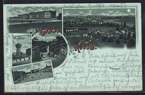 Mondschein-Lithographie Riesa, Hotel Höpfner und Wasserturm, Artillerie-Kaserne