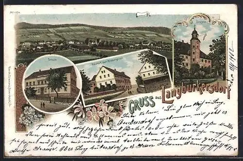 Lithographie Langburkersdorf, Schule, Gasthof zum Niedergericht, Schloss
