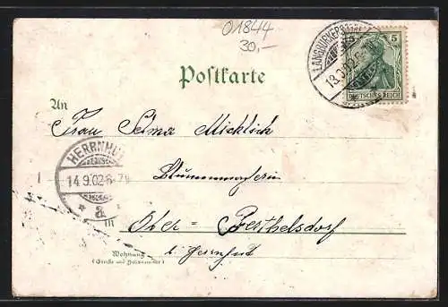 Lithographie Langburkersdorf, Schule, Gasthof zum Niedergericht, Schloss