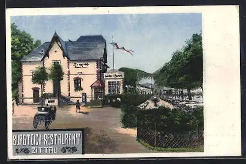 AK Zittau, Restaurant Burgteich mit Gartenlokal, Pferdekutsche