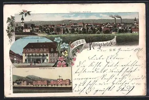 Lithographie Königsbrück, Hotel zum schwarzen Adler, Artillerie-Kaserne