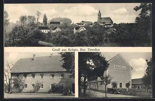 AK Krögis /Bez. Dresden, Gasthof Krögis, Teilansicht mit Kirche