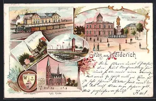 Lithographie Meiderich, Bahnhof, Rathaus und Kaiser Wilhelm-Denkmal, Evangl. Kirche, Nordhafen und Wasserturm