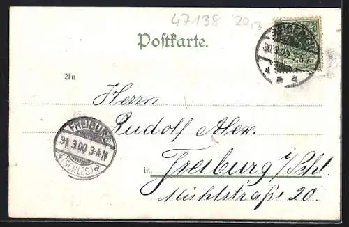 Lithographie Meiderich, Bahnhof, Rathaus und Kaiser Wilhelm-Denkmal, Evangl. Kirche, Nordhafen und Wasserturm