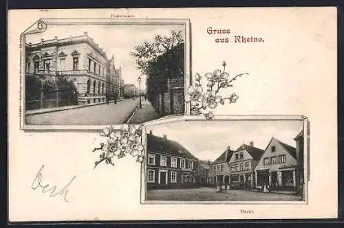 AK Rheine, Markt mit Geschäften, Blick in dei Poststrasse
