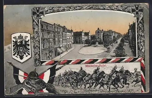 AK Mülheim, Kaserne des 8. Lothr. Inf.-Regts. Nr. 159 mit Kaiser Friedrich-Denkmal