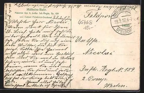 AK Mülheim, Kaserne des 8. Lothr. Inf.-Regts. Nr. 159 mit Kaiser Friedrich-Denkmal