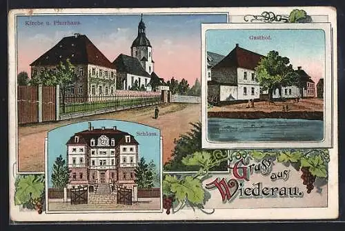 AK Wiederau / Pegau, Gasthof, Kirche und Pfarrhaus, Schloss
