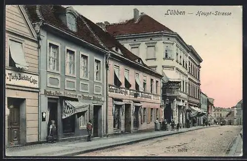 AK Lübben, Haupt-Strasse mit Buchhandlung Dörge und Bäckerei Rückert