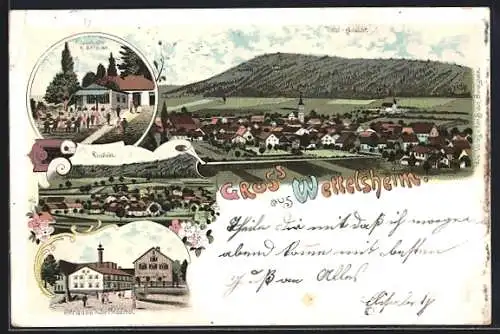 Lithographie Wettelsheim, Strauss'sche Brauerei, Felsenkeller von K. Strauss, Ortsansicht