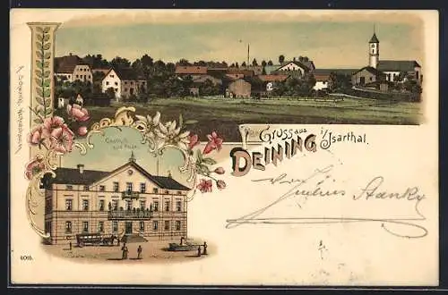 Lithographie Deining / Isartal, Gasthof Zur Post, Totalansicht