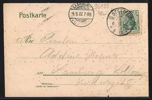 Lithographie Stettfeld / Ubstadt, Gasthaus zum Ritter, Gasthaus zum Löwen, Bahnhof, Kirche und Rathaus
