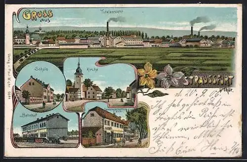 Lithographie Straussfurt i. Thür., Colonialwarenhandlung P. Wicht, Bahnhof, Schule