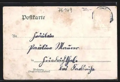 Lithographie Teutschneureut, Pfarrhaus mit Schul- und Rathaus, Kriegerdenkmal