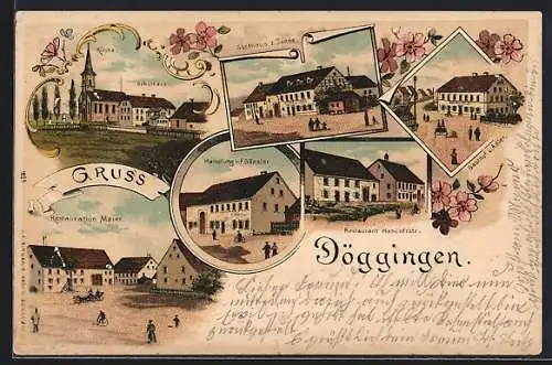 Lithographie Döggingen, Restauration Maier, Gasthaus zur Sonne, Handlung F. Gänsler
