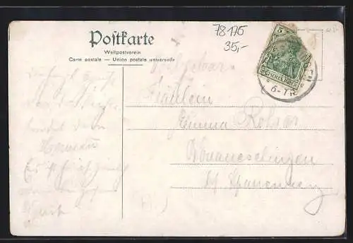 Lithographie Riedöschingen, Gasthaus & Brauerei zum Adler von Karl Efferenn, Kirche, Bahnhof, Rathaus