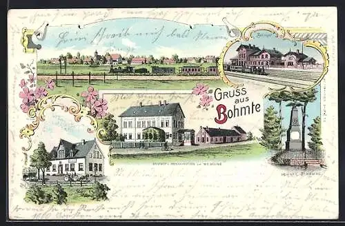 Lithographie Bohmte, Totalansicht, Bahnhof, Krieger-Denkmal, Gasthof von M. C. Seling, Eisenbahn