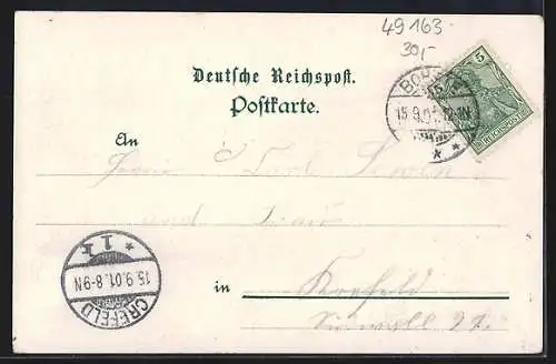 Lithographie Bohmte, Totalansicht, Bahnhof, Krieger-Denkmal, Gasthof von M. C. Seling, Eisenbahn
