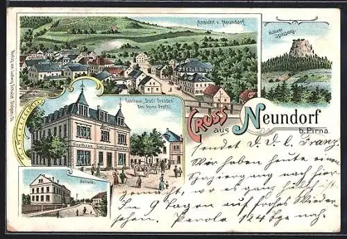 Lithographie Neundorf b. Pirna, Gasthaus Stadt Dresden, Schule