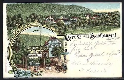 Lithographie Saalhausen / Freital, Gasthof zu Saalhausen, Ortsansicht