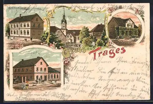 Lithographie Trages, Gasthof, Engelmanns Geschäftshaus, Schule