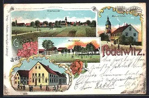 Lithographie Pödelwitz, Gasthof, Kirche und Schule, Ortsansicht