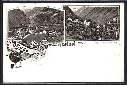 Vorläufer-Lithographie Göschenen, 1895, Teilansicht mit Viadukt, Panorama