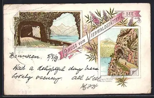 Vorläufer-Lithographie Flüelen /Vierwaldstättersee, 1893, Axenstrasse mit Galerie beim Ort
