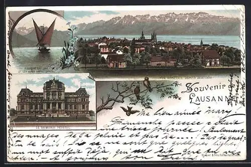 Vorläufer-Lithographie Lausanne, 1895, Barque du Lac, Le Tribunal Fèdéral, Vue Generale depuis Beaulieu
