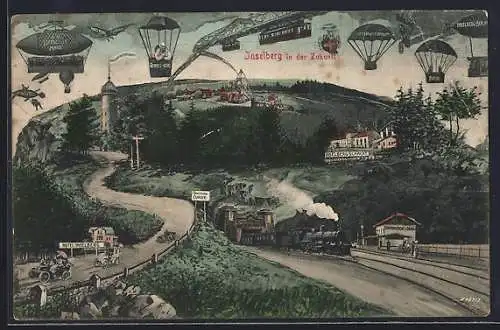 AK Inselsberg, Zukunftsbild vom Verkehr, Ballon, Zeppelin, Eisenbahn, Autos