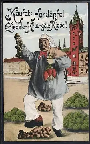 AK Basel, Verkäufer von Kartoffeln im Kostüm zur Fastnacht