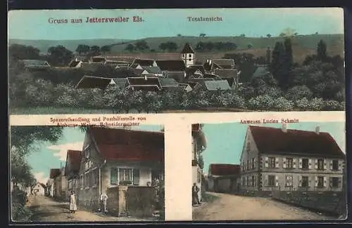 AK Jettersweiler /Els., Spezereihandlung und Posthilfestelle Alphonse Weber, Anwesen Lucien Schmitt, Totalansicht