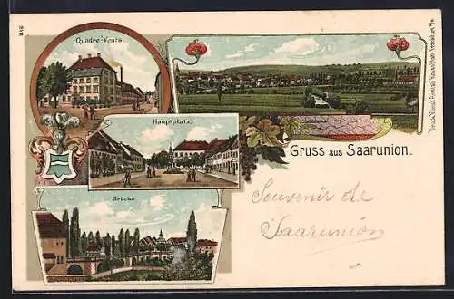 Lithographie Saarunion, Hauptplatz, Quadre-Vents, Brücke, Totalansicht, Wappen