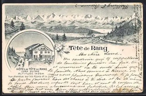 Lithographie Val-de-Ruz, Hôtel de Tête de Rang und Panorama