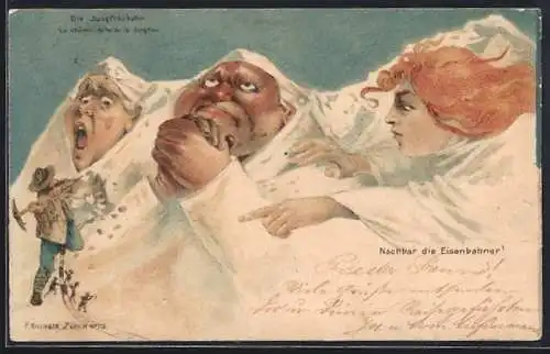 Lithographie Eiger, Mönch und Jungfrau, Arbeiter bauen Gleise für Jungfraubahn, Berggesichter