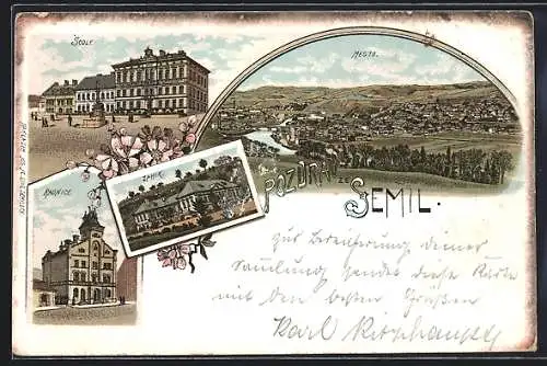 Lithographie Semily, Scoly, Radnice, Zamik, Mesto