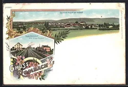 Lithographie Rombach /Lothr., Post-Bahnhof mit Eisenhütten, Totalansicht