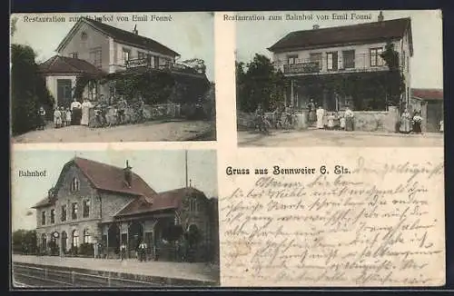 AK Bennweier /O. Els., Restaurant zum Bahnhof v. Emil Fonné, Gleispartie