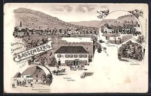 Lithographie Bassenberg, Gasthaus zur Sonne v. Ludwig Vonné, Gasthaus Herrbach, Villa Schomas, Salzbüchsle