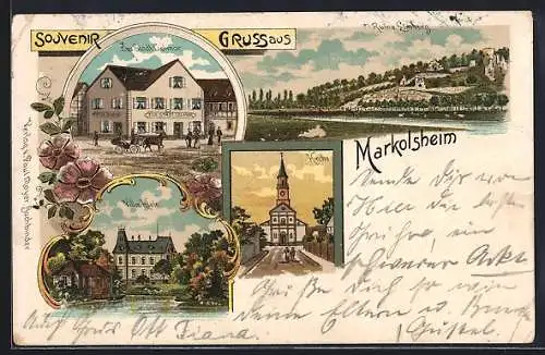 Lithographie Markolsheim, Gasthaus zur Stadt Colmar, Villa Klein, Kirche, Ruine Limburg